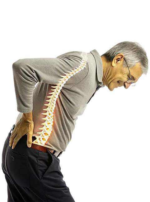 Man leaning forward reaching with his arms to his back, with spine overlaid.